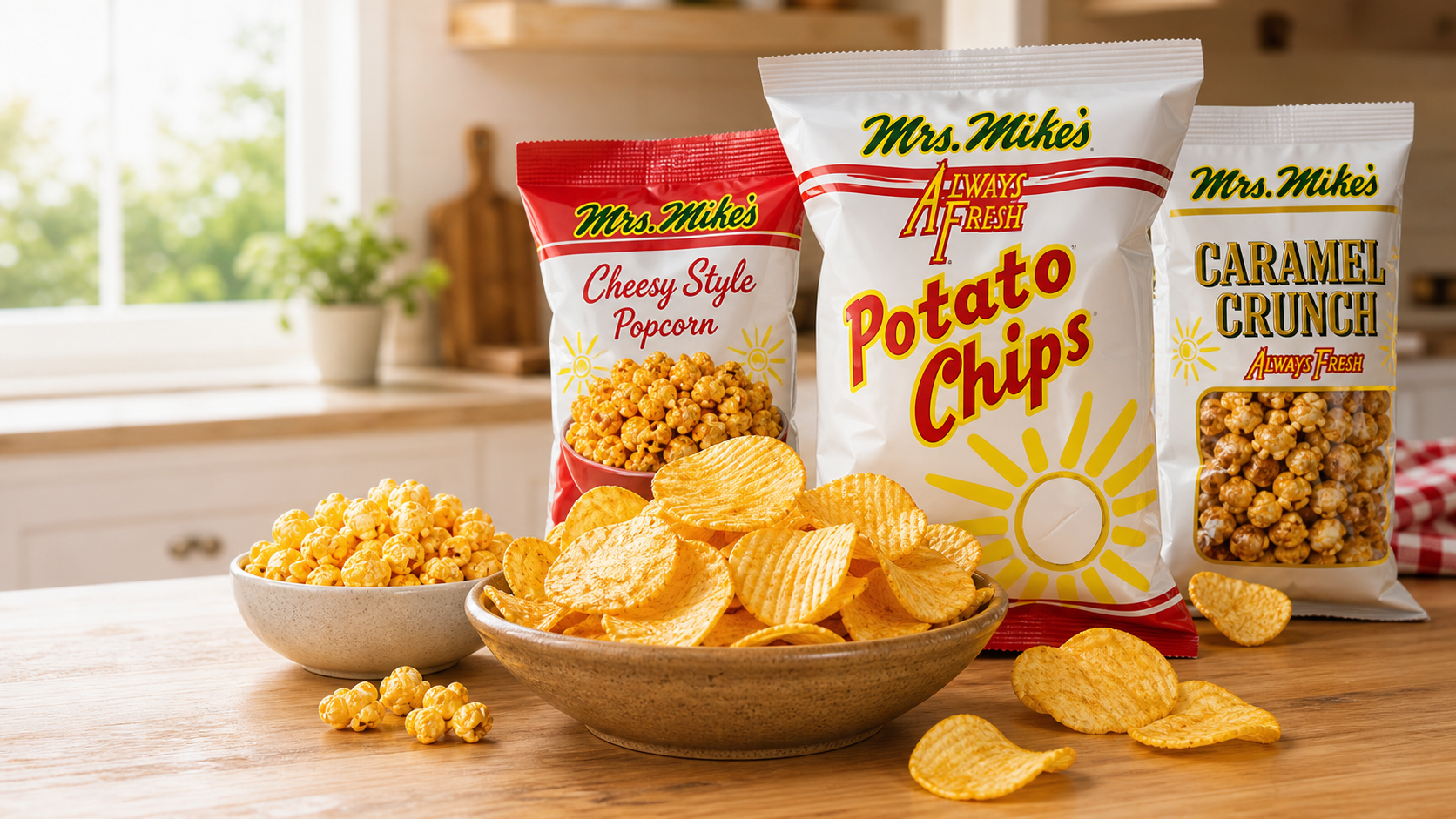 Mrs. Mike's snack bags with bowls of potato chips and popcorn