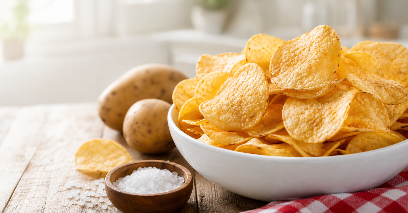 A bowl of golden potato chips beside potatoes and salt
