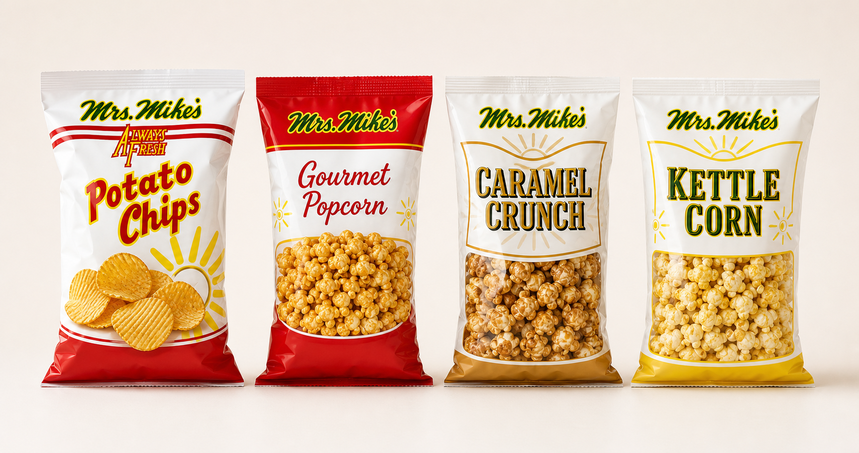 Four Mrs. Mike's snack bags: potato chips, gourmet popcorn, caramel crunch, and kettle corn